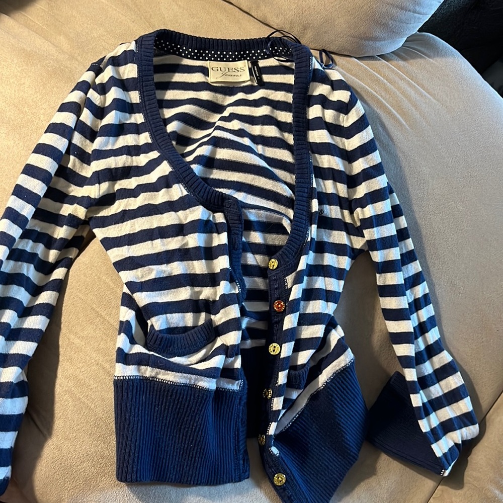 Guess cardigan. Navy and white striped with gold buttons